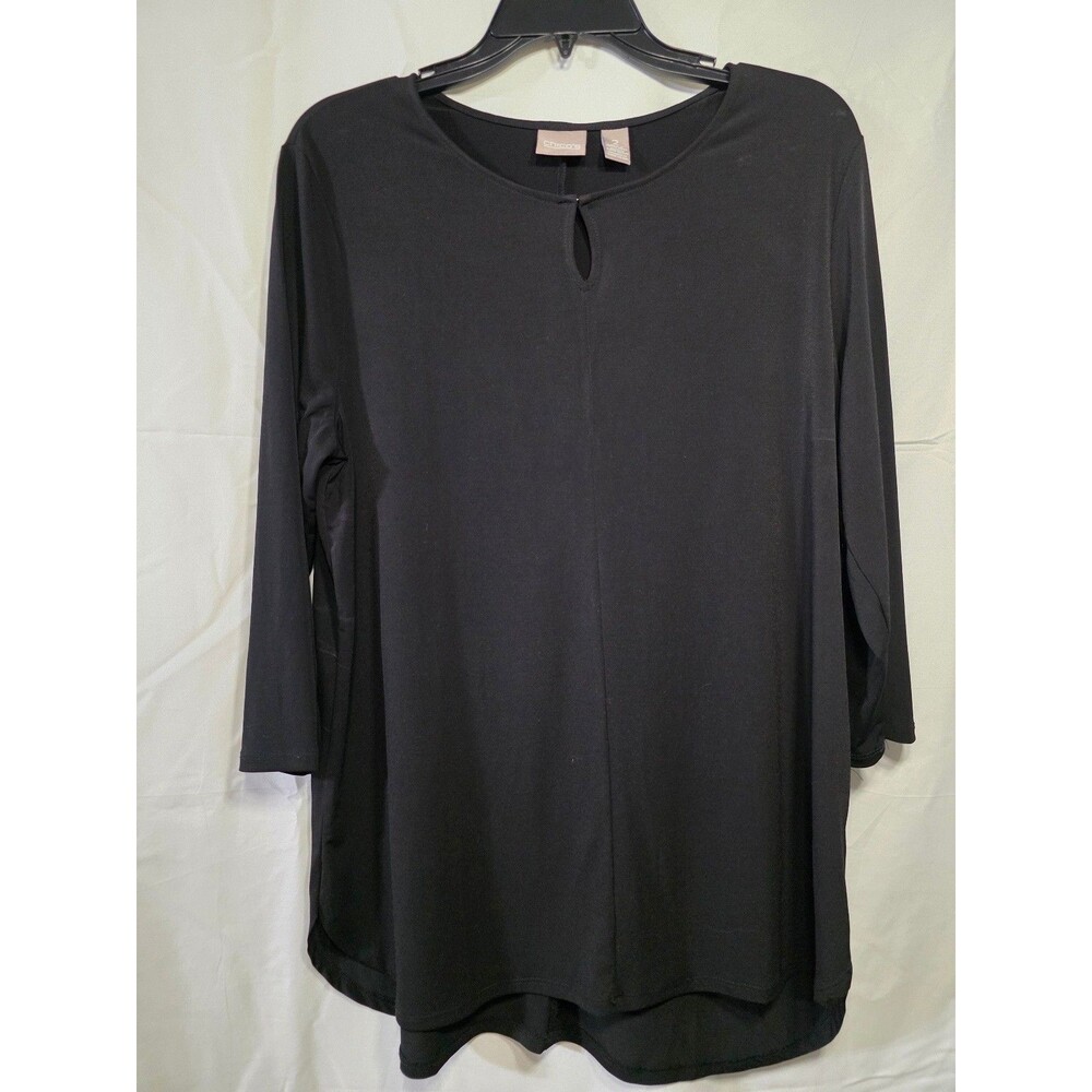 Chico's Women Tunic Blouse Size 2 Black Keyhole 3/4 Sleeve Polyester Knit - Picture 1 of 5